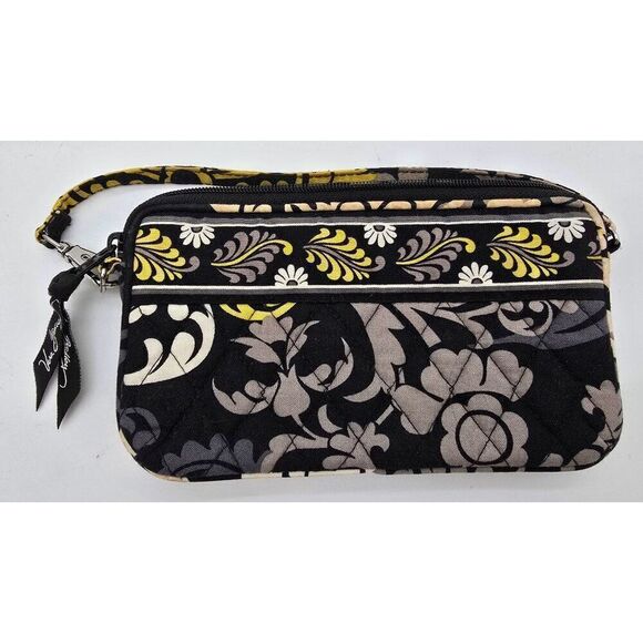 Vera Bradley Wristlet Clutch Purse With Quilted Floral Pattern & Zipper In Black - Picture 1 of 4